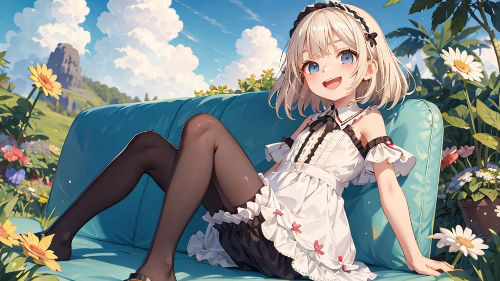 Highest quality, Ultra-detailed, Lolita Fashion, One Girl(8-year-old),Beautiful girl,Laughter, Arms crossed, Platinum Blonde Hair, At Moai Island,Flat Chest,Perfect limbs,The morning sun shines、pantyhose、Spread your legs、Bloomers
