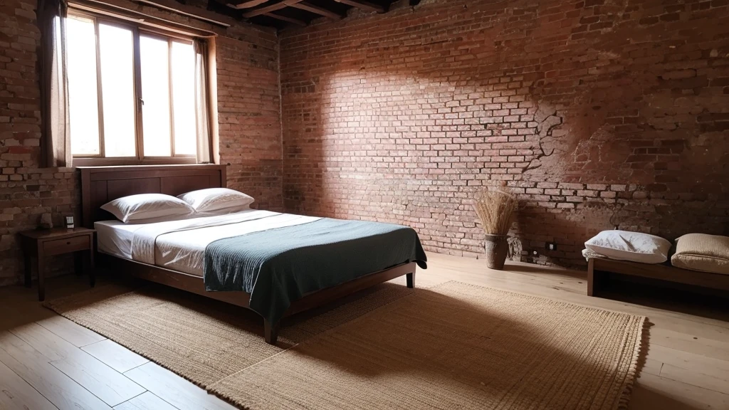 Ancient very simple brick house interior, Very simple bed, The bed is a straw mat, Empty scene, It's dim, No furniture, No windows, Without sunlight, night