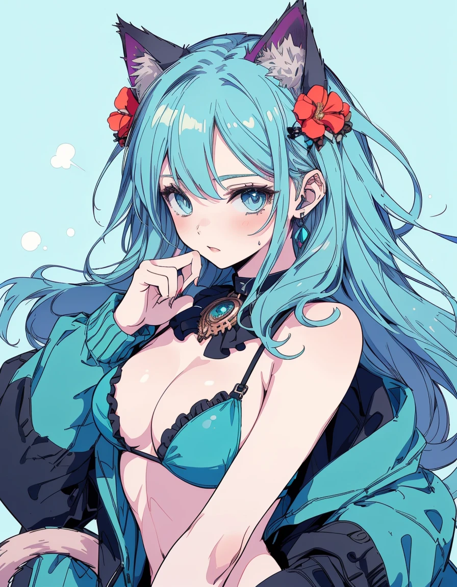 steam punk, ifrit, bikini, ((masterpiece, best quality:1.5)), ((Beautiful detailed cat aqua eyes:1.2)), cat ears, pale skin, medium breasts, beautiful hands, beautiful fingers, EasyNegative