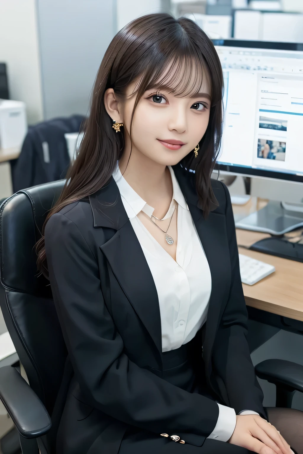 Beautiful young woman、 Sitting in an office chair and working、Black Hair、Necklace around the neck、Office Lady Suits、Jacket、Unbuttoned shirt、Knee-length skirt、tights、パンプス、Full body photo、smile、Beautiful teeth alignment、Wavy Hair、short hair、Intricate details, Very detailed:1.2), 、 Looking into the camera,The background is the office、Necklace around the neck、Dark eyeliner、ear piercing
