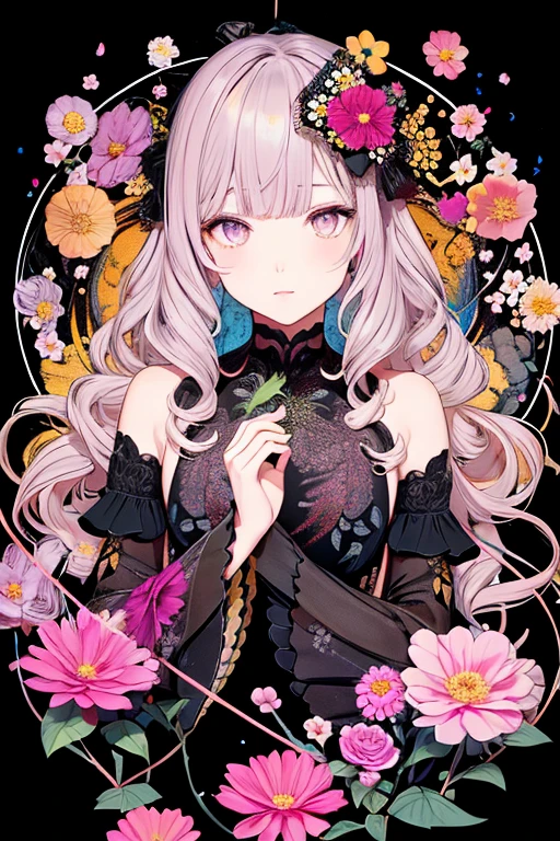 , maximalism,Neon Theme,Suprematism,beautiful detailed flower, beautiful detailed eyes,hyper detailed,flower,hyper quality,,eyes,flower and hair is same color,beautiful colour,face,her hair is becoming flower, flower,hair,flower,butterfly,,1 girl,,high detail, High quality,Rear light,hair and clothes is flower,Upper body ,High quality,hair with body ,webbed dress, Upper body, flower leg, flower hands,body with flower,    flower with clothes , dress with flower, , Light particles,Black background,  Hair with flower, with flower,floating hair with flower,floating1girl,,  marbling with hair and clothes, I look at the viewer,original,hand down, Paper cutting, Black background, flower forground,  hair with flower,a high resolution, hair with  flower,hair with flower ,hair,  wavy hair ,diffuse lighting, abstract,Butterfly with body,   flower with hair, her hair is flower,large upper sleeves, floating,pupils, [[hair over one eye]],dark 