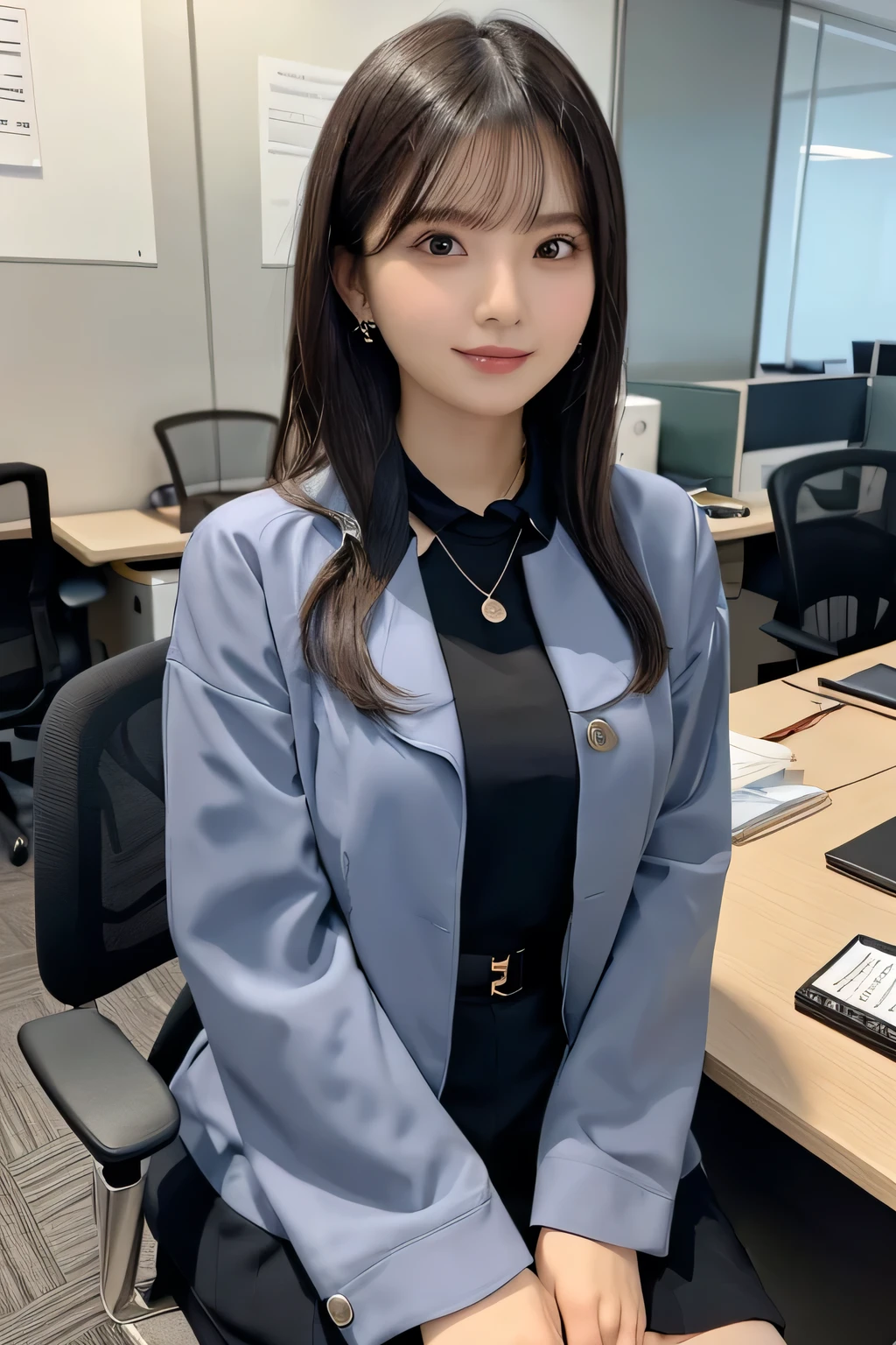 Beautiful young woman、 Sitting in an office chair and working、Black Hair、Necklace around the neck、Office Lady Suits、Jacket、Unbuttoned shirt、Knee-length skirt、tights、パンプス、Full body photo、smile、Beautiful teeth alignment、Wavy Hair、short hair、Intricate details, Very detailed:1.2), 、 Looking into the camera,The background is the office、Necklace around the neck、Dark eyeliner、ear piercing
