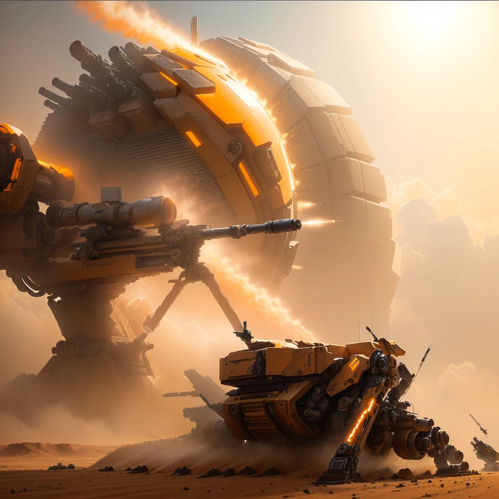 A colossal mechanized robot, its colossal body sprawled on the ground as it takes aim with an oversized flat orange sniper rifle at a distant target. This incredibly detailed image captures the intricate machinery of the mech, showcasing every intricate gear and piston. The scene is depicted in a painting with vivid colors and stunning realism. The sniper rifle gleams with a metallic sheen, contrasting sharply against the dusty background. The craftsmanship of the artist is evident in the fine details of the robot's armor plating and the intricacies of the weapon. The overall effect is a mesmerizing blend of science fiction and precision artistry.