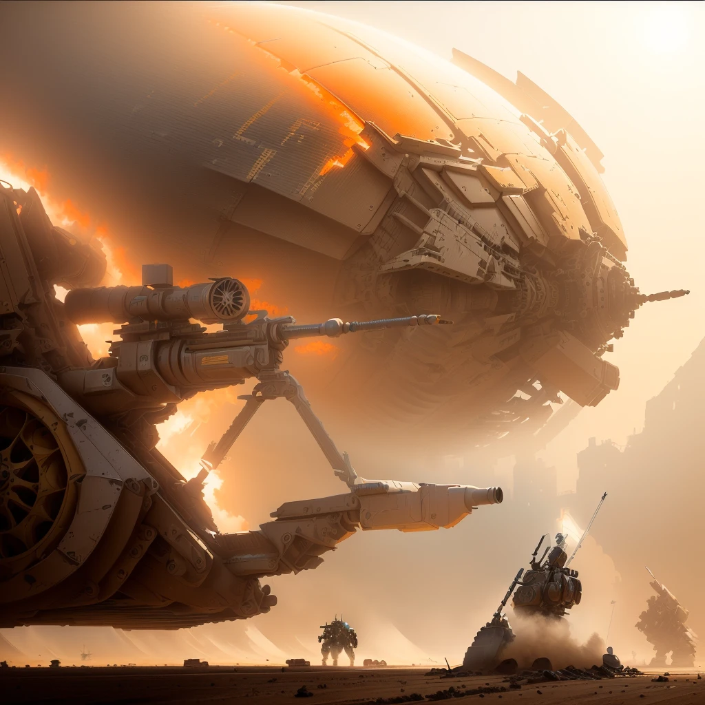A colossal mechanized robot, its colossal body sprawled on the ground as it takes aim with an oversized flat orange sniper rifle at a distant target. This incredibly detailed image captures the intricate machinery of the mech, showcasing every intricate gear and piston. The scene is depicted in a painting with vivid colors and stunning realism. The sniper rifle gleams with a metallic sheen, contrasting sharply against the dusty background. The craftsmanship of the artist is evident in the fine details of the robot's armor plating and the intricacies of the weapon. The overall effect is a mesmerizing blend of science fiction and precision artistry.