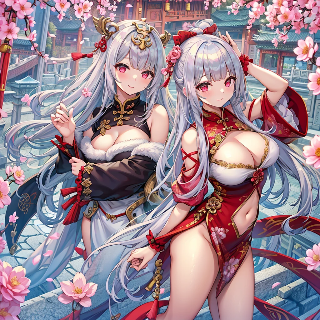 Masterpiece、Highest quality、Super detailed、1 girl、Gray Hair、(Big Tits)、Fluffy and soft long hair、Red-pink eyes、Chinese clothing、Chinese Fantasy Palace、Cleavage、(The underboob is visible)、Belly button、Ruffles and ribbons、smile、Too big breasts