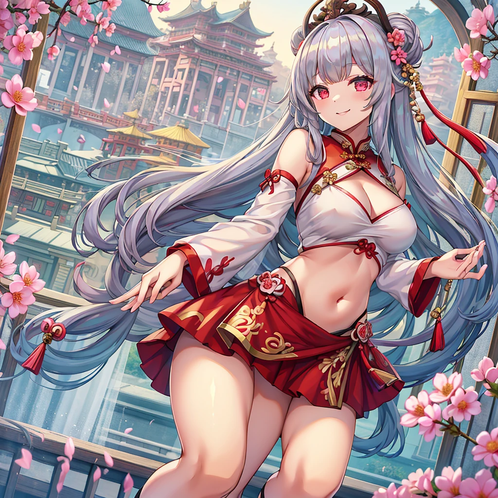Masterpiece、Highest quality、Super detailed、1 girl、Gray Hair、(Big Tits)、Fluffy and soft long hair、Red-pink eyes、Chinese clothing、Chinese Fantasy Palace、Cleavage、(The underboob is visible)、Belly button、Ruffles and ribbons、smile、Too big breasts