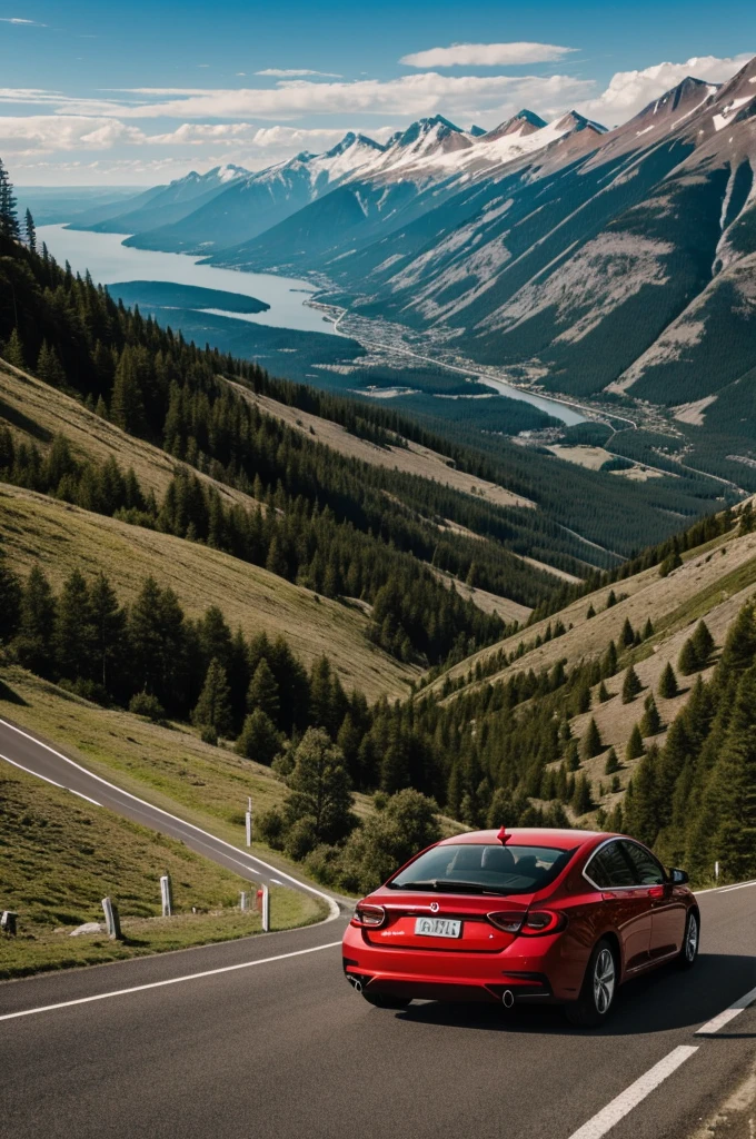 Image of a red car driving along a mountain road