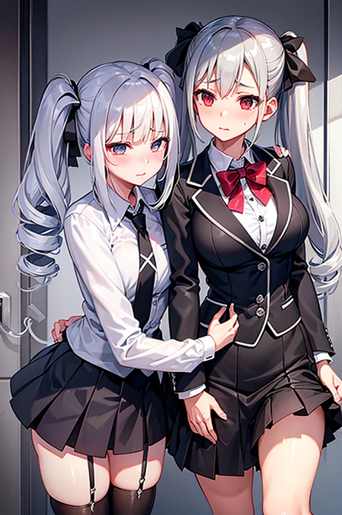 Kanzaki Ranko, silver hair, twin drills, breasts grabbed from behind, breasts grabbed by someone else, uniform, dress shirt, blushing, tears