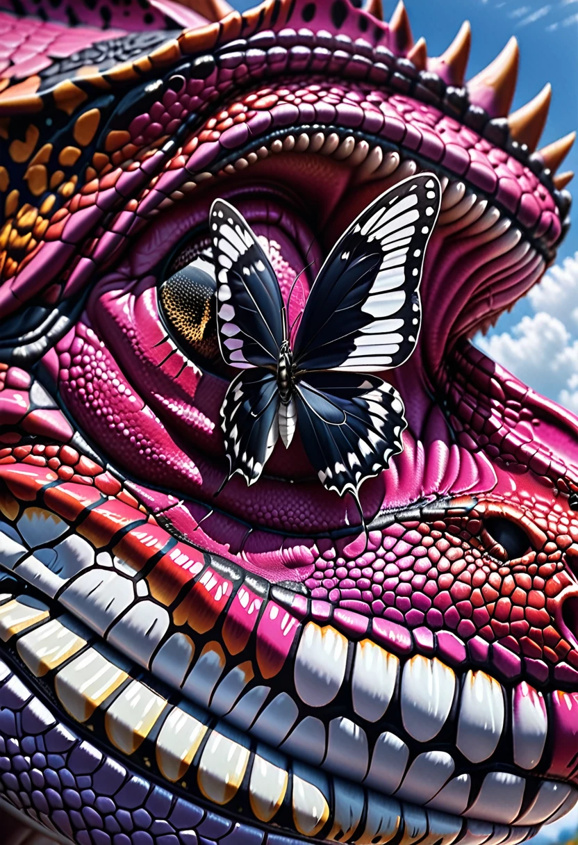 there is a large (black and white butterfly: 1.2)  (sitting on the top of the nose: 1.5) of a (bright pink T-rex: 1.2) dinosaur, the butterfly wings are spread wide to display, a really close up shot, (masterpiece: 1.4) intense details, highly detailed, photorealistic, best quality, highres,16k, [ultra detailed], masterpiece, best quality, (extremely detailed), close up facial shot, picture, shot taken from really close distance