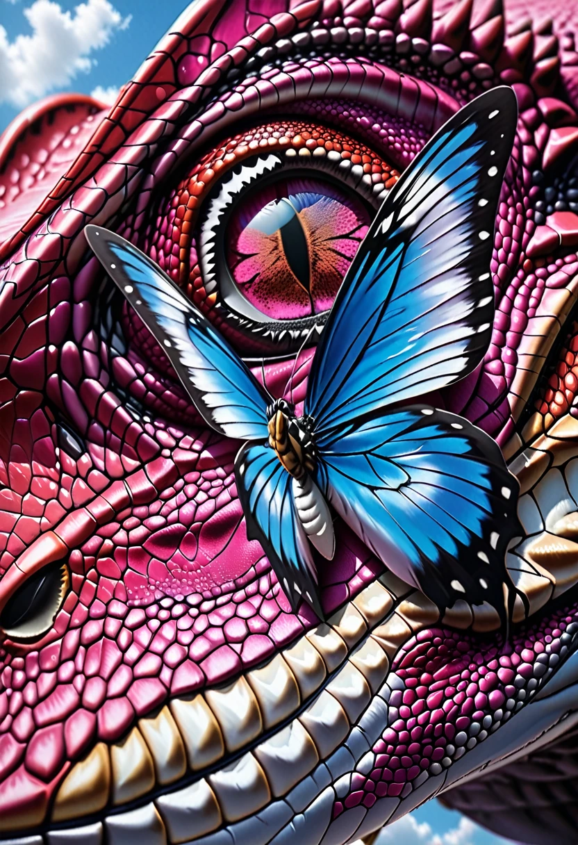 there is a large (black and white butterfly: 1.2)  (sitting on the top of the nose: 1.5) of a (bright pink T-rex: 1.2) dinosaur, the butterfly wings are spread wide to display, a really close up shot, (masterpiece: 1.4) intense details, highly detailed, photorealistic, best quality, highres,16k, [ultra detailed], masterpiece, best quality, (extremely detailed), close up facial shot, picture, shot taken from really close distance