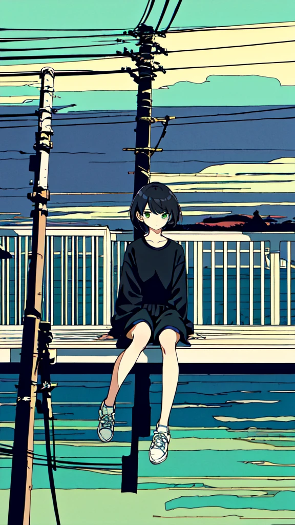 masterpiece, intricate details,highest quality, 1 girl, alone, handrail, cloud, sitting, outdoor, whale, short hair, shoes, null, long sleeve, sneakers, power line, 白いshoes, black hair, looking at the viewer, telephone pole, bangs, cloudy null, fish, bird, green eyes, shorts, animal, Day, black shirt,立っている