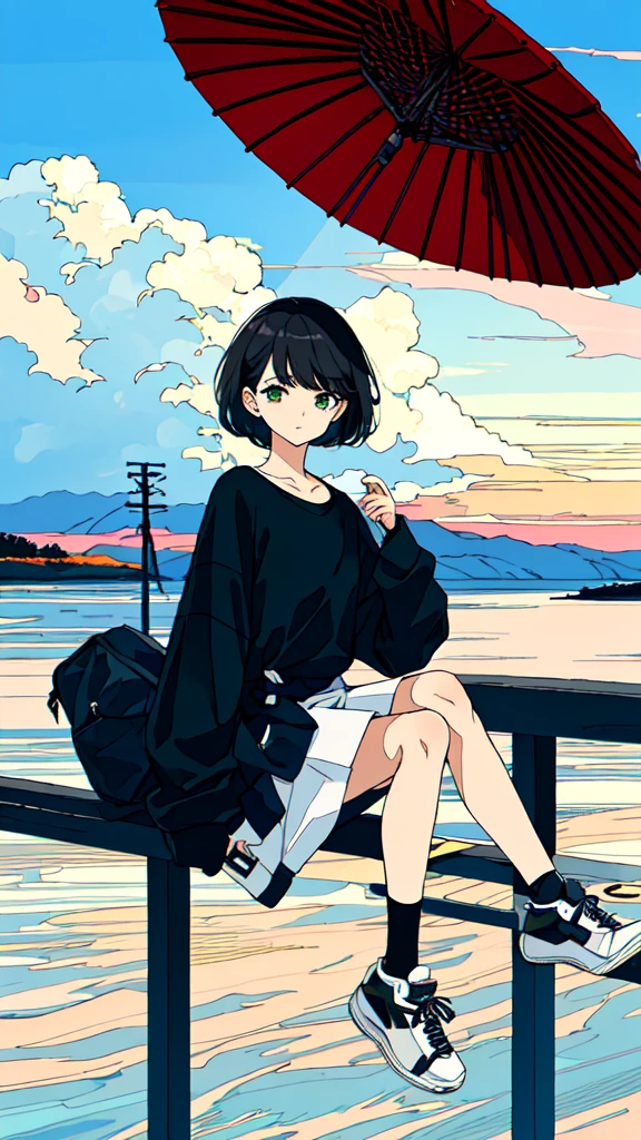masterpiece, intricate details,highest quality, 1 girl, alone, handrail, cloud, sitting, outdoor, whale, short hair, shoes, null, long sleeve, sneakers, power line, 白いshoes, black hair, looking at the viewer, telephone pole, bangs, cloudy null, fish, bird, green eyes, shorts, animal, Day, black shirt,立っている