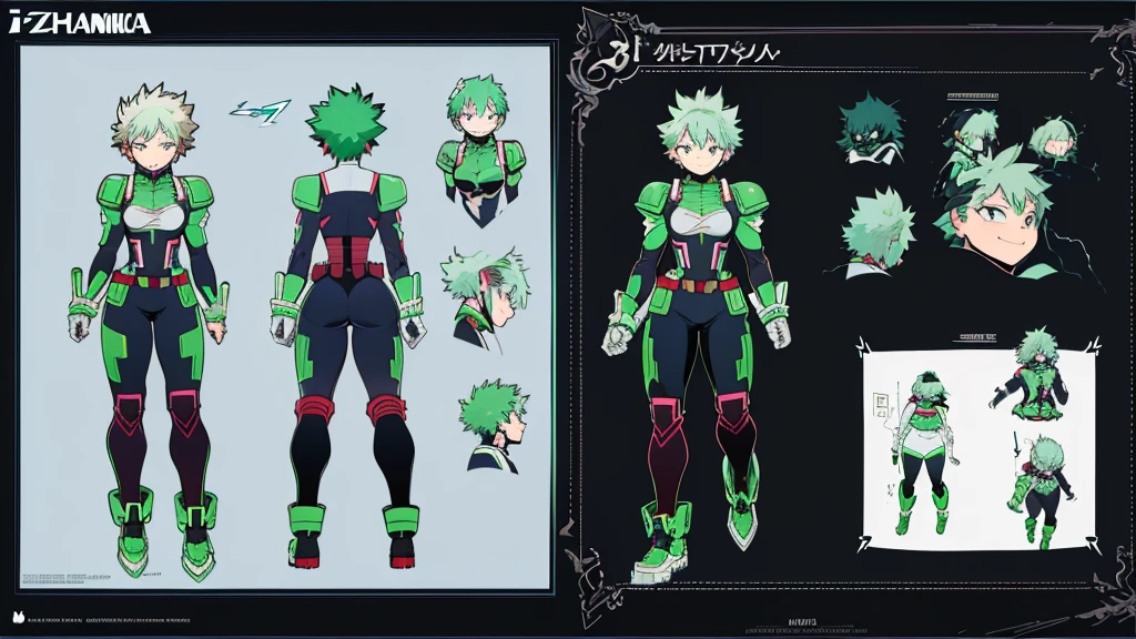 ((((My Hero academia style))), (Izuku Midoriya), (((genderbender))), 1girl, female, tomboy, High-tech armor, tight armor, ((sexy armor)), wide hips, wide thighs, medium sized breasts, wicked smile, evil look, ((Neon Green lightning around)), ((lightning in the background)), (black background), ((Neon Green lightning)), (Full body photo:1.5), (High resolution)), ((concept art of character)), ((Character Design Sheet)), (Same role), (frontage), (Lateral face), (on back), ((three sided view)), ((multiple views)), (((perfect ???????))), (((perfect hands))), (((super detailed))),
