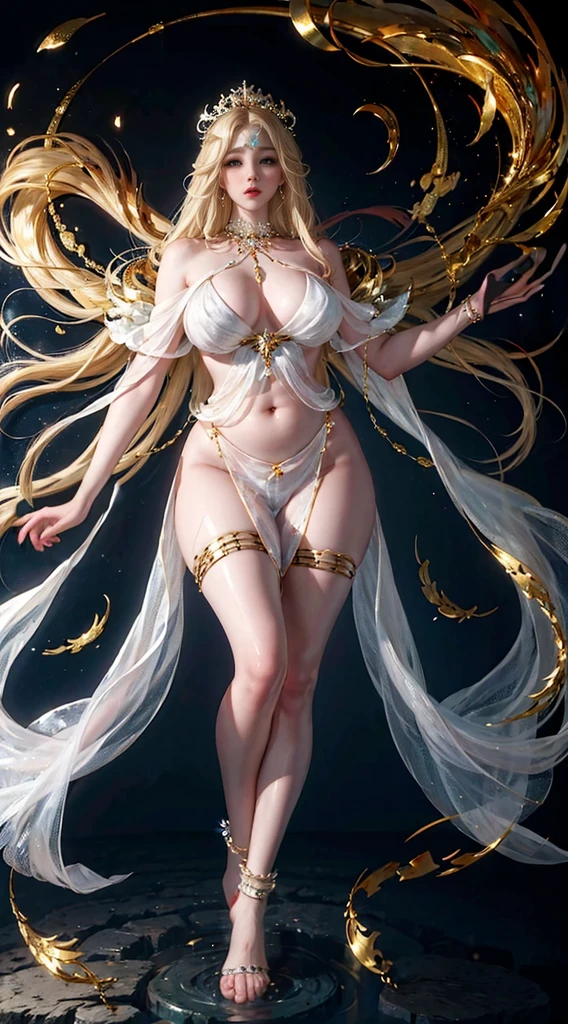 (masterpiece:1.2), (The best quality:1.2), perfect lighting, Dark Magician Girl casting a spell, in battle. floating in the air, visible tits, she is naked. from above, Sparkles, Yugioh game, The magic of the heart. LIGHTS OF THE HEART, romantic heart. She wears gold heels. In heels. heels