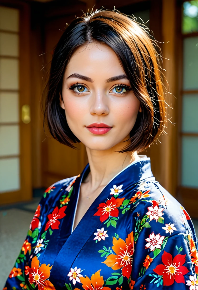 (((masterpiece))), (((Highest quality: 1.4))), ((Very detailed: 1.4)) , ulzzang-6500-v1.1, (RAW Photos:1.2), (Photorealistic), (Genuine:1.4), Sharp focus、Shot from the side、One girl, Beautiful and perfect face, Droopy eyes are cute、Duck mouth、One-Length Bob Cut, Japanese Clothing,kimono, 豪華なkimono、Beautiful long-sleeved kimono、Dazzling、Intricate details, Cinematic atmosphere, 8K, Very detailed, Sharp Eyes、