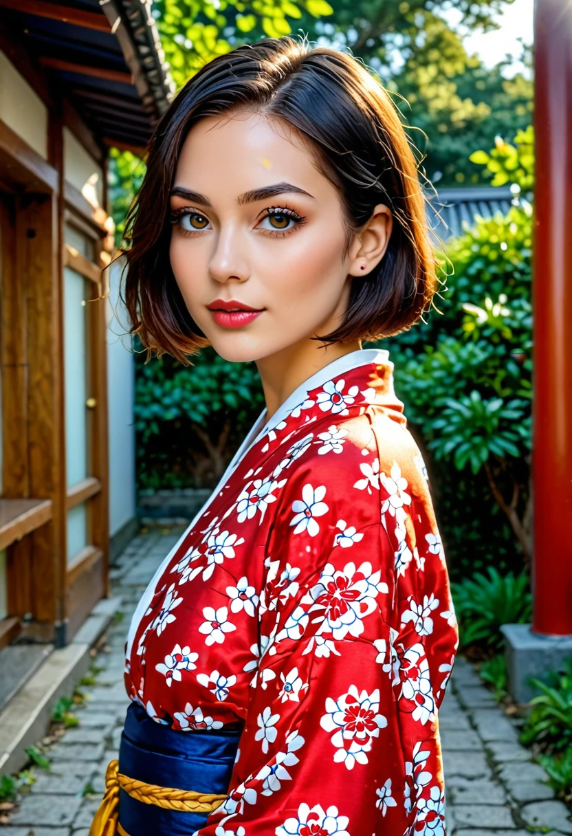 (((masterpiece))), (((Highest quality: 1.4))), ((Very detailed: 1.4)) , ulzzang-6500-v1.1, (RAW Photos:1.2), (Photorealistic), (Genuine:1.4), Sharp focus、Shot from the side、One girl, Beautiful and perfect face, Droopy eyes are cute、Duck mouth、One-Length Bob Cut, Japanese Clothing,kimono, 豪華なkimono、Beautiful long-sleeved kimono、Dazzling、Intricate details, Cinematic atmosphere, 8K, Very detailed, Sharp Eyes、