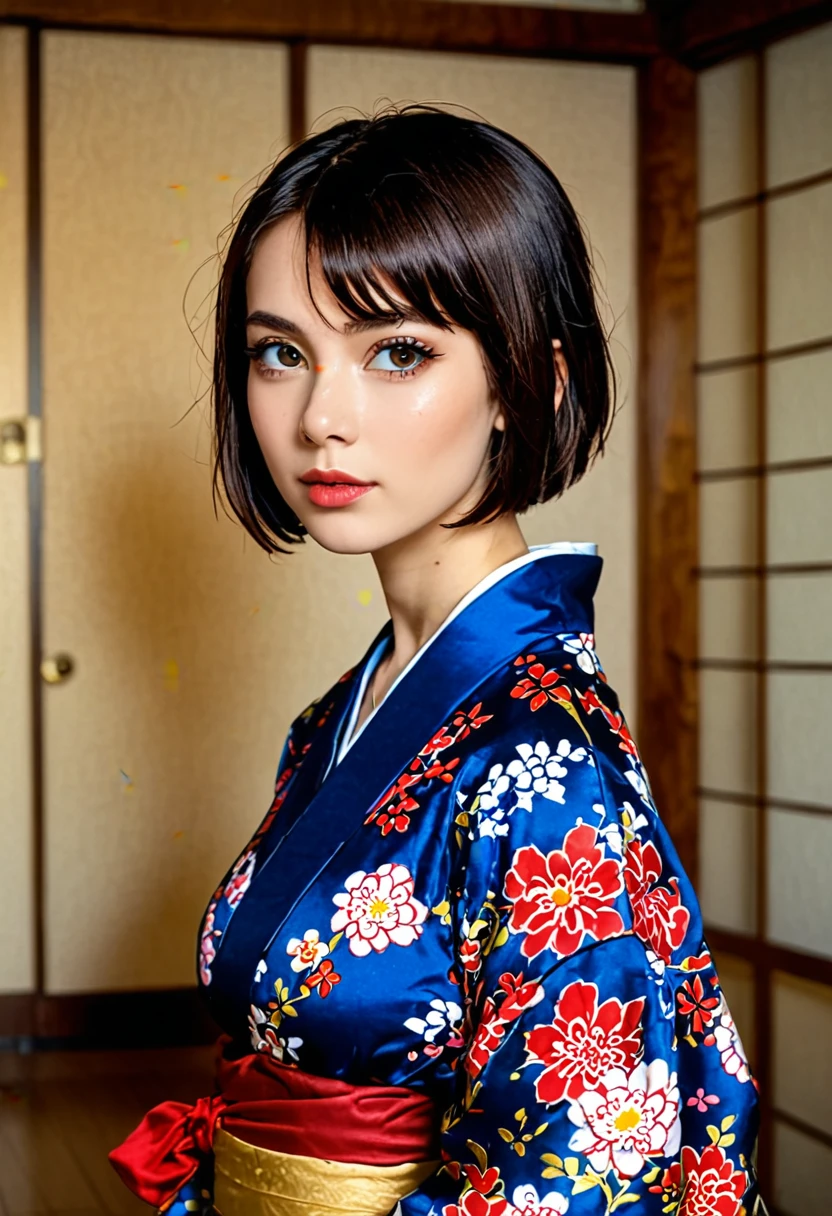(((masterpiece))), (((Highest quality: 1.4))), ((Very detailed: 1.4)) , ulzzang-6500-v1.1, (RAW Photos:1.2), (Photorealistic), (Genuine:1.4), Sharp focus、Shot from the side、One girl, Beautiful and perfect face, Droopy eyes are cute、Duck mouth、One-Length Bob Cut, Japanese Clothing,kimono, 豪華なkimono、Beautiful long-sleeved kimono、Dazzling、Intricate details, Cinematic atmosphere, 8K, Very detailed, Sharp Eyes、