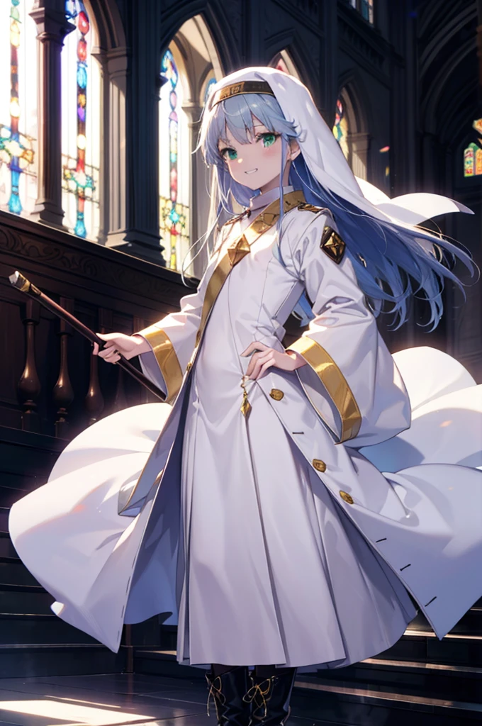 index, index, (Green Eyes:1.5), Silver Hair, Long Hair, (Flat Chest:1.2),Grin,
break habit, Long sleeve, Nuns, Robe, white Robe, Wide sleeves,Long skirt,boots,Put your right hand on your hip,In his left hand he holds a long sacred staff,whole bodyがイラストに入るように,
break looking at viewer, whole body,
break indoors, church,
break (masterpiece:1.2), Highest quality, High resolution, unity 8k wallpaper, (figure:0.8), (Beautiful attention to detail:1.6), Highly detailed face, Perfect lighting, Highly detailed CG, (Perfect hands, Perfect Anatomy),