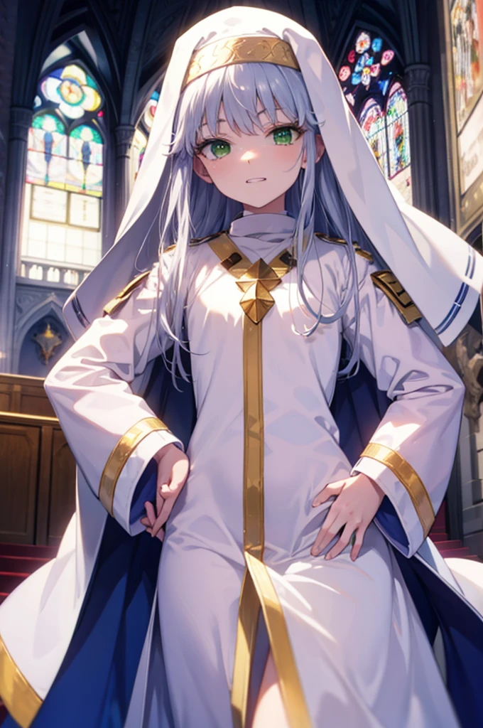index, index, (Green Eyes:1.5), Silver Hair, Long Hair, (Flat Chest:1.2),Grin,
break habit, Long sleeve, Nuns, Robe, white Robe, Wide sleeves,Long skirt,boots,Put your right hand on your hip,In his left hand he holds a long sacred staff,whole bodyがイラストに入るように,
break looking at viewer, whole body,
break indoors, church,
break (masterpiece:1.2), Highest quality, High resolution, unity 8k wallpaper, (figure:0.8), (Beautiful attention to detail:1.6), Highly detailed face, Perfect lighting, Highly detailed CG, (Perfect hands, Perfect Anatomy),