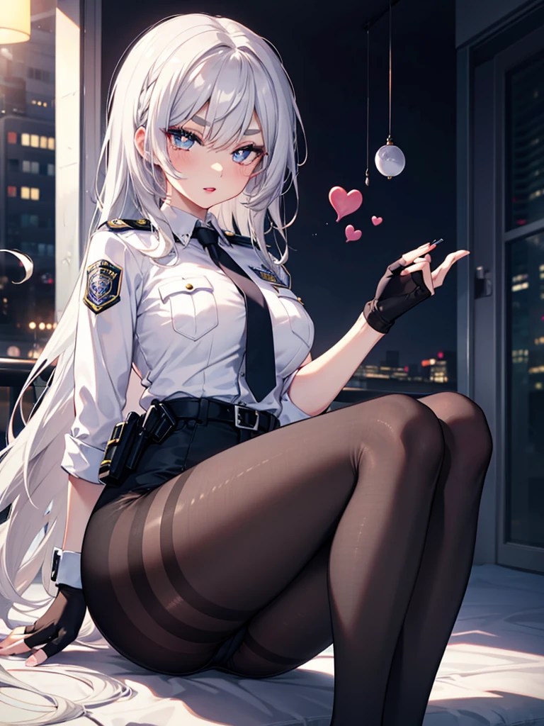 mature_female,silver hair,lipstick,eyeshadow,long_eyelashes,thick eyebrows,ahegao,jitome,heart-shaped_pupils,black_pantyhose,fingerless_gloves,police_uniform,long hair,