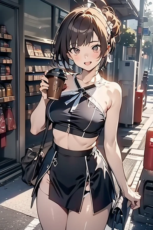 (masterpiece, Best Quality, ultra-detailed, high resolution, extremely detailed CG, official art, Professional Lighting, Perfect Anatomy, anime colors), (from below), looking at viewer, cowboy shot, perfect body, 24yo beautiful 1girl, medium hips, glamorous body,a small face,beautiful-makeup,Makeup light,Shortcut Hair,dark brown hair、Bust b Cup, Amazing Cleavage, thin waist, big ass, Raised sexy, big breast: 1.2 posed cleavage:1.2, (off shoulders,Sportsbra,legginullnude), micro denim shorts, bare legs, nail_polish, pale skin, Waiting friend, (morning:1.5), tokyo, (convenience store:1.3), outdoor, (depth of field:1.3), contrapposto, (Hold a coffee in your hand:1.3),delicate beautiful face, Bright magenta eyes, cute eyes, sparkling eyes, Big eyes, (big breasts:1.3), (perky chest:1.1), (pointed chest:1.3), looking at viewer,