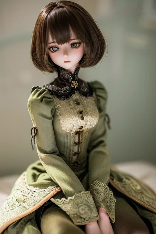 photorealistic, realistic photo, ((highest quality)), ((masterpiece)), (extremely detailed), kukolnydom, doll, (mature woman:1.6), solo, ((cowboy shot)), sitting on crate, arms on sides, green eyes, brown hair, parted lips, (looking down, blank eyes, empty eyes, detailed eyes:1.3), dress, warehouse, 8k