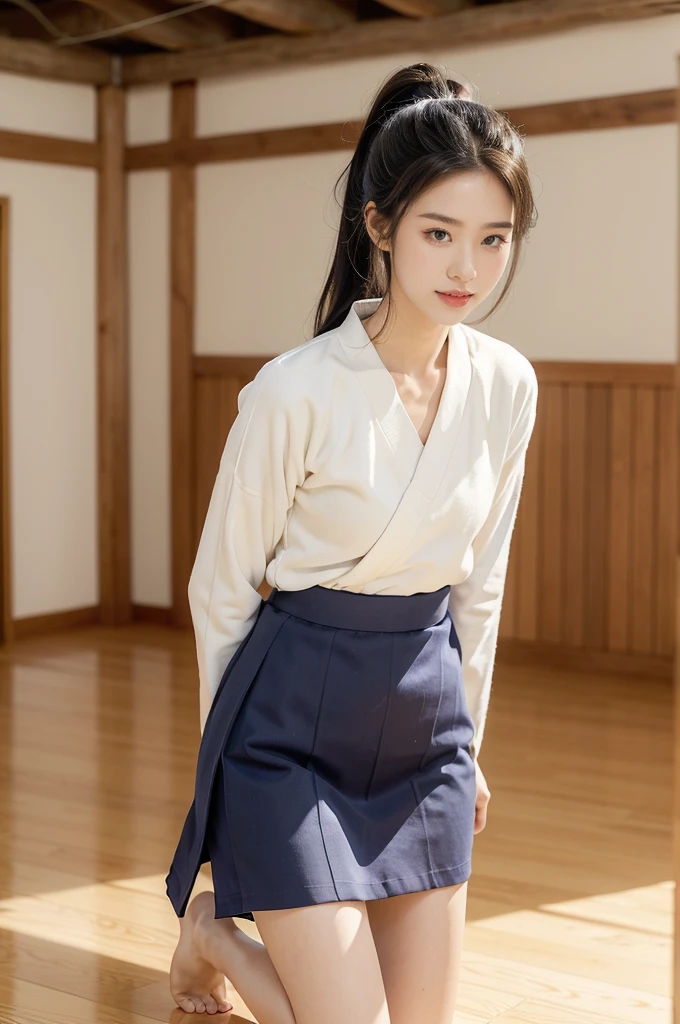 (((best quality))),(((ultra detailed))),(((masterpiece))),illustration,1girl,solo,short ponytail,slim,thin,small breasts,flat chest,white collar,white kendogi,three-quarter sleeves,navy-blue kendo hakama,standing in kendodo gym,arms behind back,focused and determined expression,ready for challenge,slender and elegant face,confident and resilient,fair skin,blush,neat teeth,bright smile,clean and tidy uniform,wooden gym floor,wall,pine scent,standard grip,ready to slice through obstacles,strong belief,determination,spirit of resilience,admiring,from front,full body,bare feet