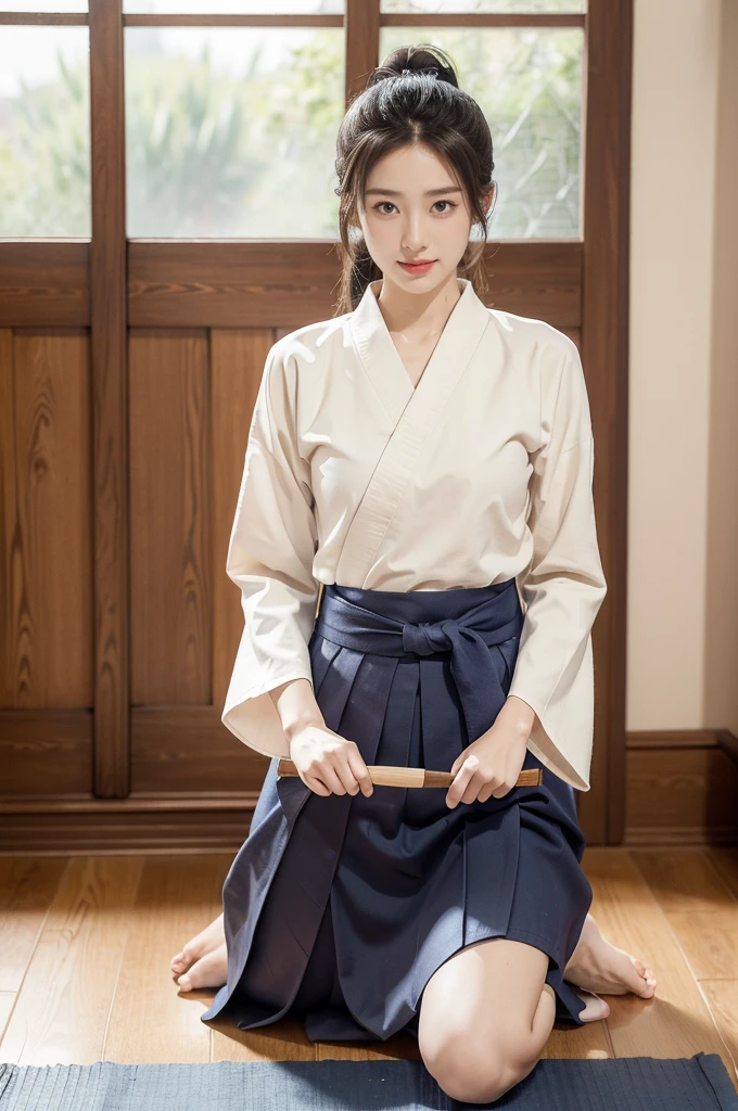 (((best quality))),(((ultra detailed))),(((masterpiece))),illustration,1girl,solo,short ponytail,slim,thin,small breasts,flat chest,white collar,white kendogi,three-quarter sleeves,navy-blue kendo hakama,standing in kendodo gym,arms behind back,focused and determined expression,ready for challenge,slender and elegant face,confident and resilient,fair skin,blush,neat teeth,bright smile,clean and tidy uniform,wooden gym floor,wall,pine scent,standard grip,ready to slice through obstacles,strong belief,determination,spirit of resilience,admiring,from front,full body,bare feet