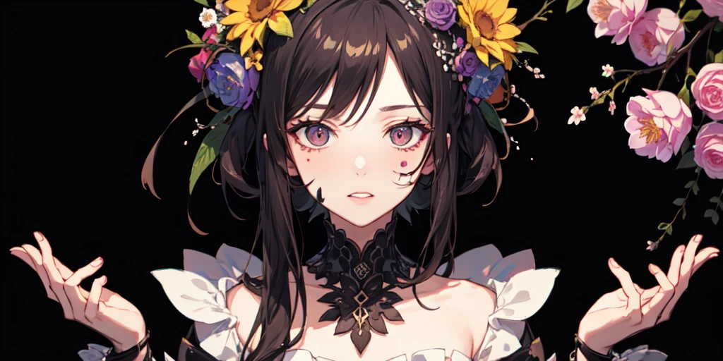 style by NTY, a woman, infected face, flowers, flower armor, colorful background, cluttered,