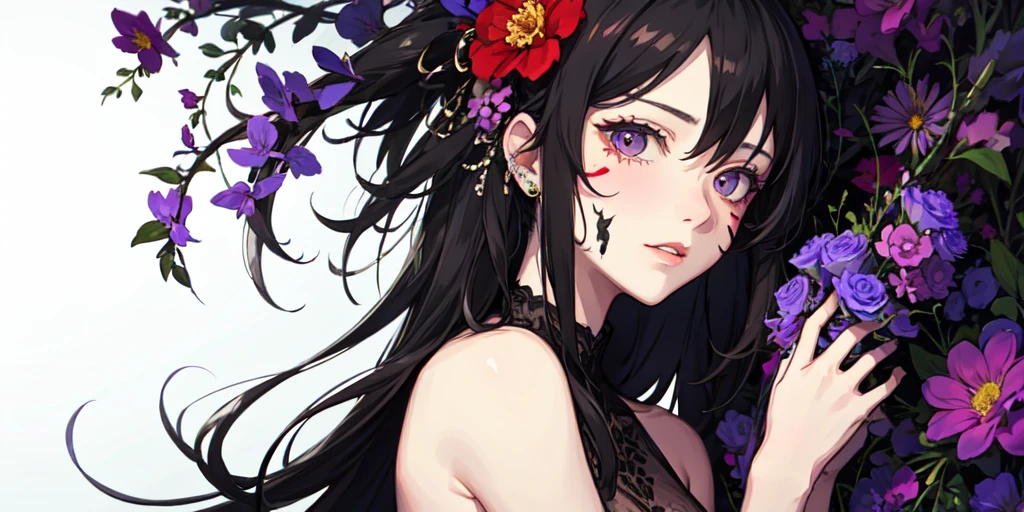 style by NTY, a woman, infected face, flowers, flower armor, colorful background, cluttered,