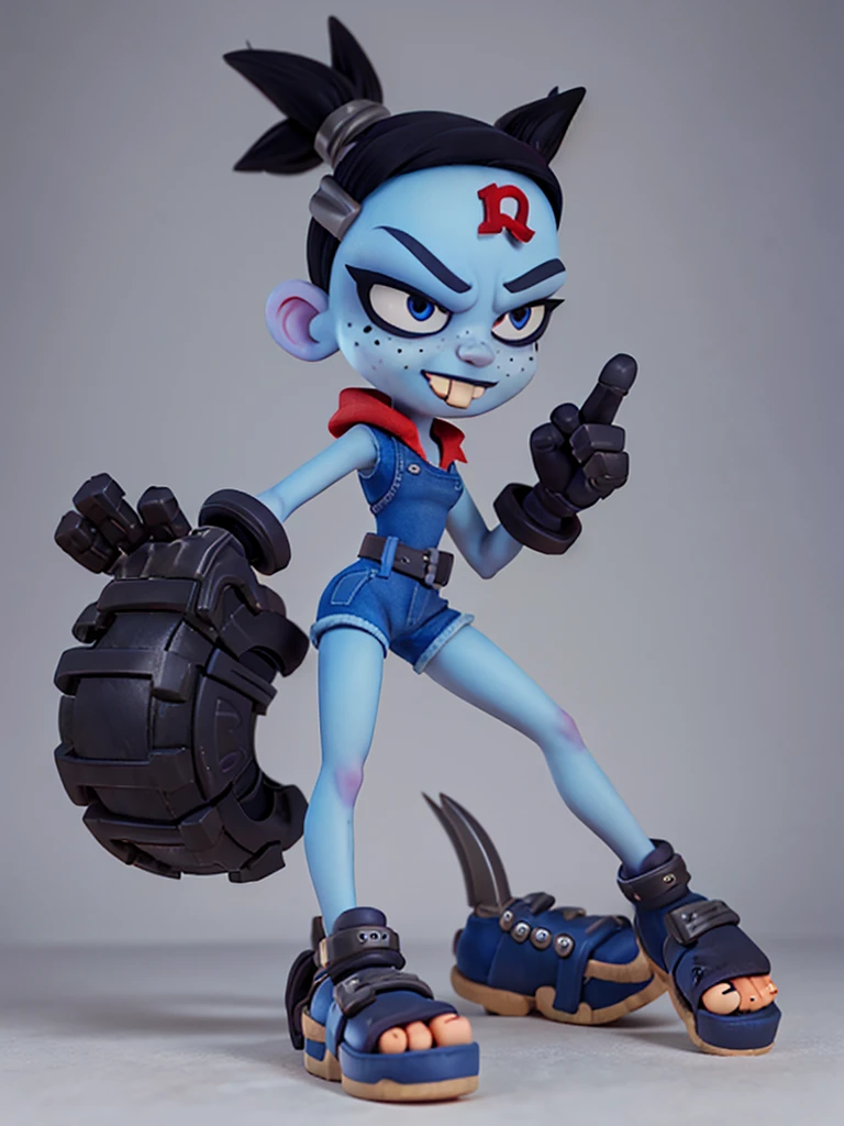 nina cortex, short black hair, blue skin, freckles, black eyes, buck teeth, mechanical gloves, forehead mark 'n', barefoot, five-toed feet, soles,