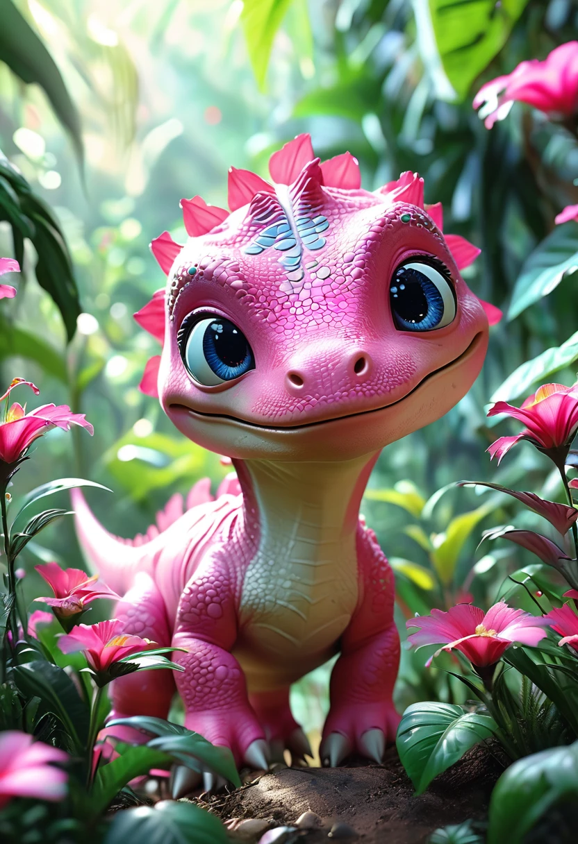 (Strange flowers。1 cute pink little Tyrannosaurus Rex), Beautiful and delicate eyes, Long eyelashes,Beautiful and delicate face, Extremely detailed eyes and face, Cute expression, Dense jungle background, Dreamy, Fantastic, watercolor, number, (best quality,4K,8K,high resolution,masterpiece:1.2),Extremely detailed,(Practical,photoPractical,photo-Practical:1.37),Vibrant colors,Soft lighting