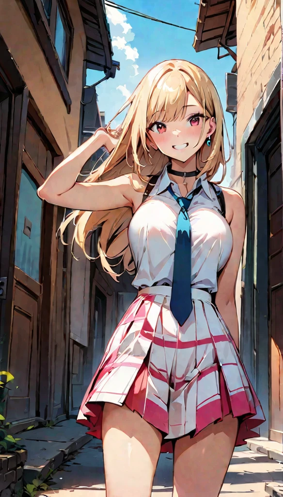 (highest quality:1.2, Comic Artwork, Comic book style, Very detailed, up to date, Vibrant, digital coloring, High Contrast, masterpiece:1.2, Best Quality, Best aesthetics, aya), (((Kitagawa Marin, 1 Girl))), Blonde Hair, Long Straight Hair, Pink gradient hair, Red eyes, Earrings, , White shirt, Black choker, Blue tie, Checkered Skirt, Grin, smile, Are standing, Cowboy Shot, Outdoor,