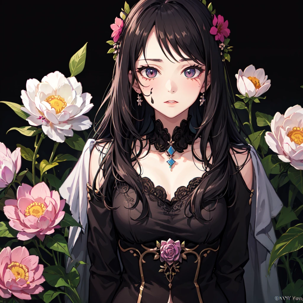 style by NTY, a woman, infected face, flowers, flower armor, colorful background, cluttered,  