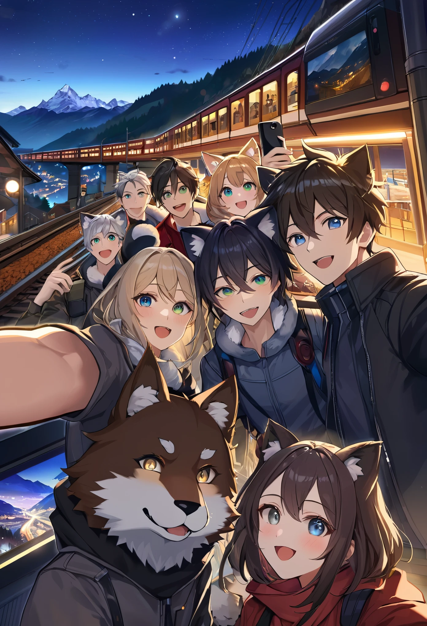 top quality, best quality, High-quality illustrations, masterpiece, super high resolution, detailed background, detailed background, Mountain railways in Switzerland, group shot, boys, girls, night sky, absurdres(highly detailed beautiful face and eyes)perfect anatomy(Photo of family trip)(kemono, furry anthro)selfie,