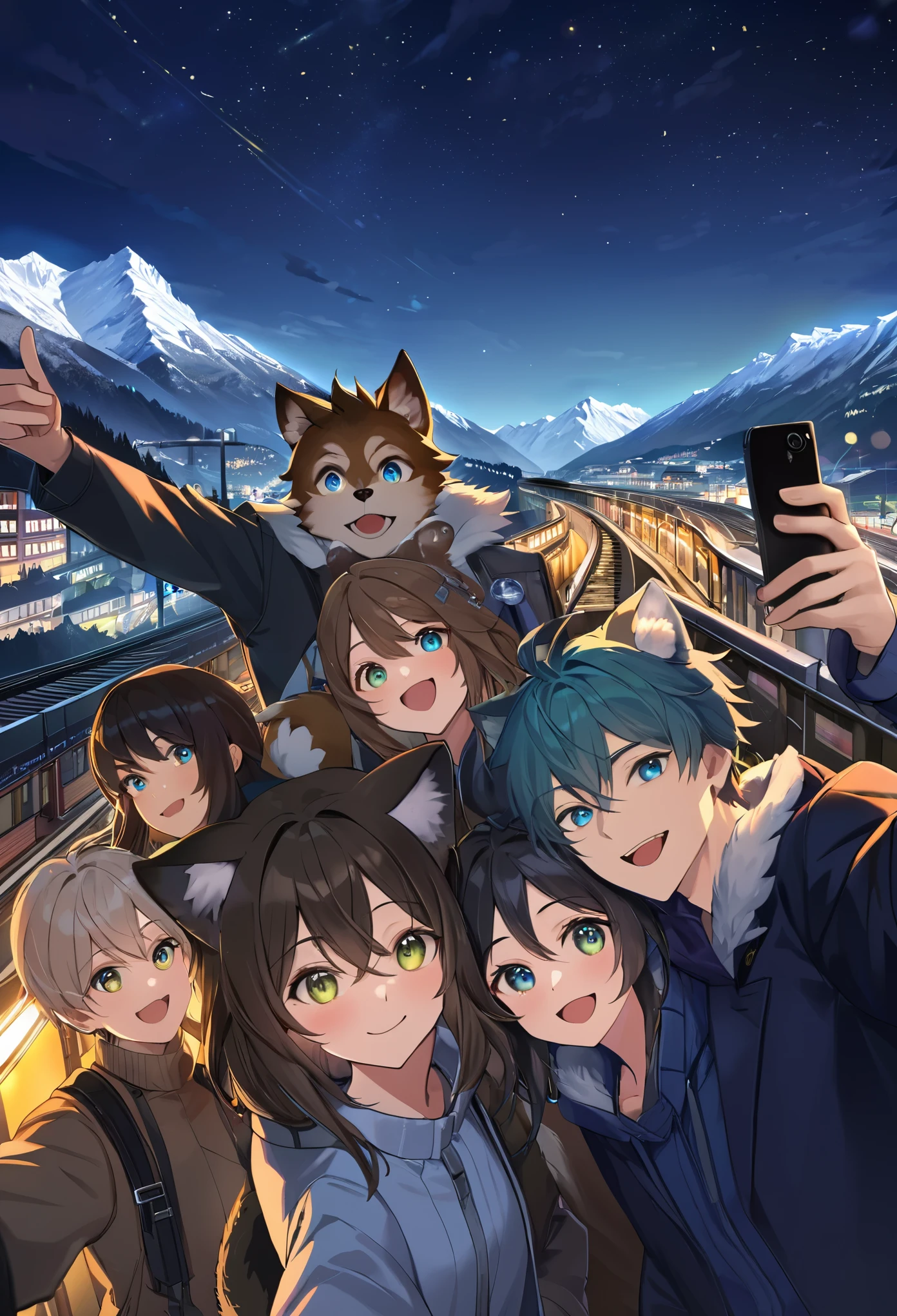 top quality, best quality, High-quality illustrations, masterpiece, super high resolution, detailed background, detailed background, Mountain railways in Switzerland, group shot, boys, girls, night sky, absurdres(highly detailed beautiful face and eyes)perfect anatomy(Photo of family trip)(kemono, furry anthro)selfie,