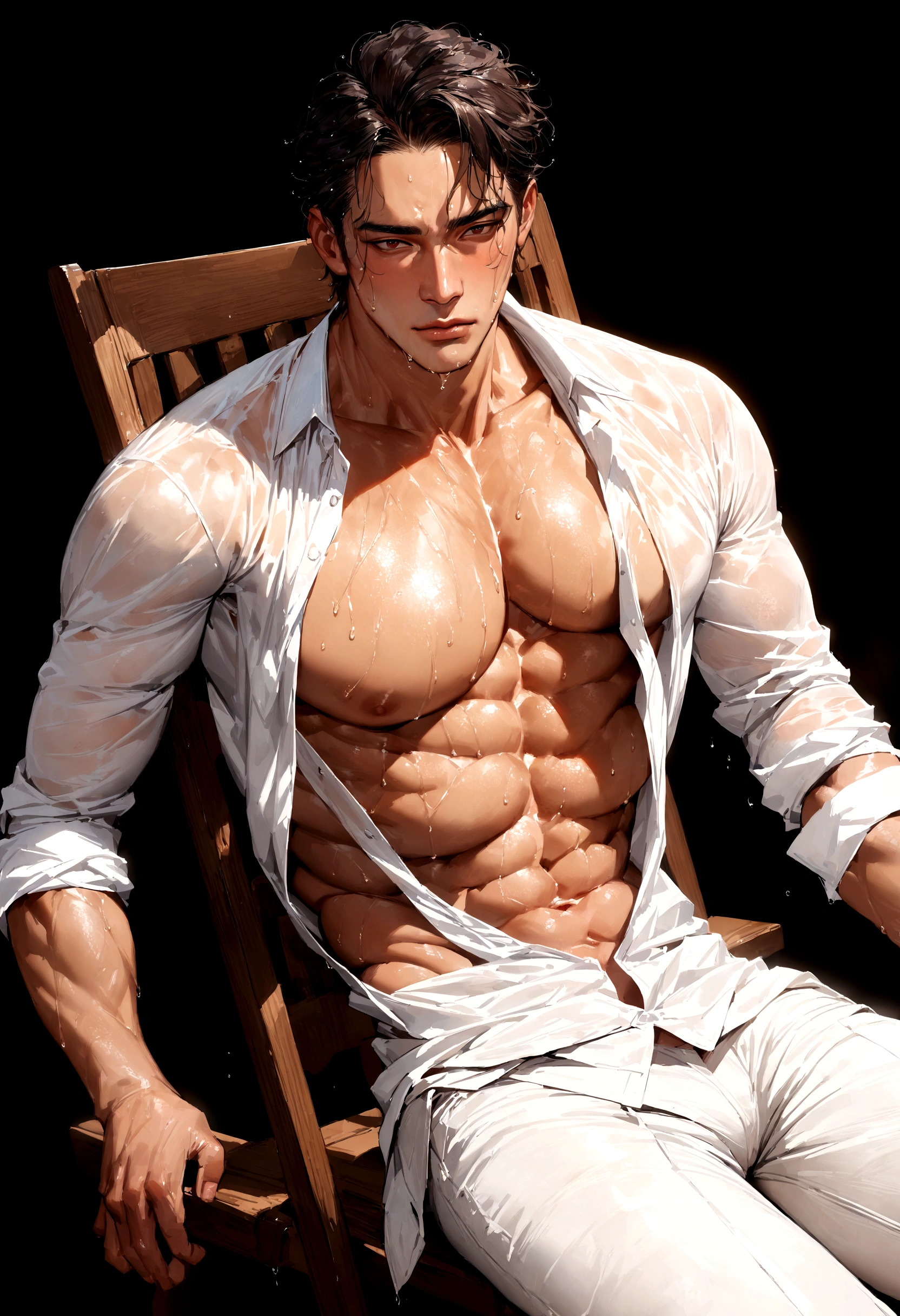 Wet Sexy asian man, male in a wet white shirt and tan pants sitting on a chair, big chest, handsome man, handsome guy, handsome stunning realistic, portrait of a handsome man, clothed in wet white shirt, sweat, (best quality)), ((masterpiece)), (detailed)