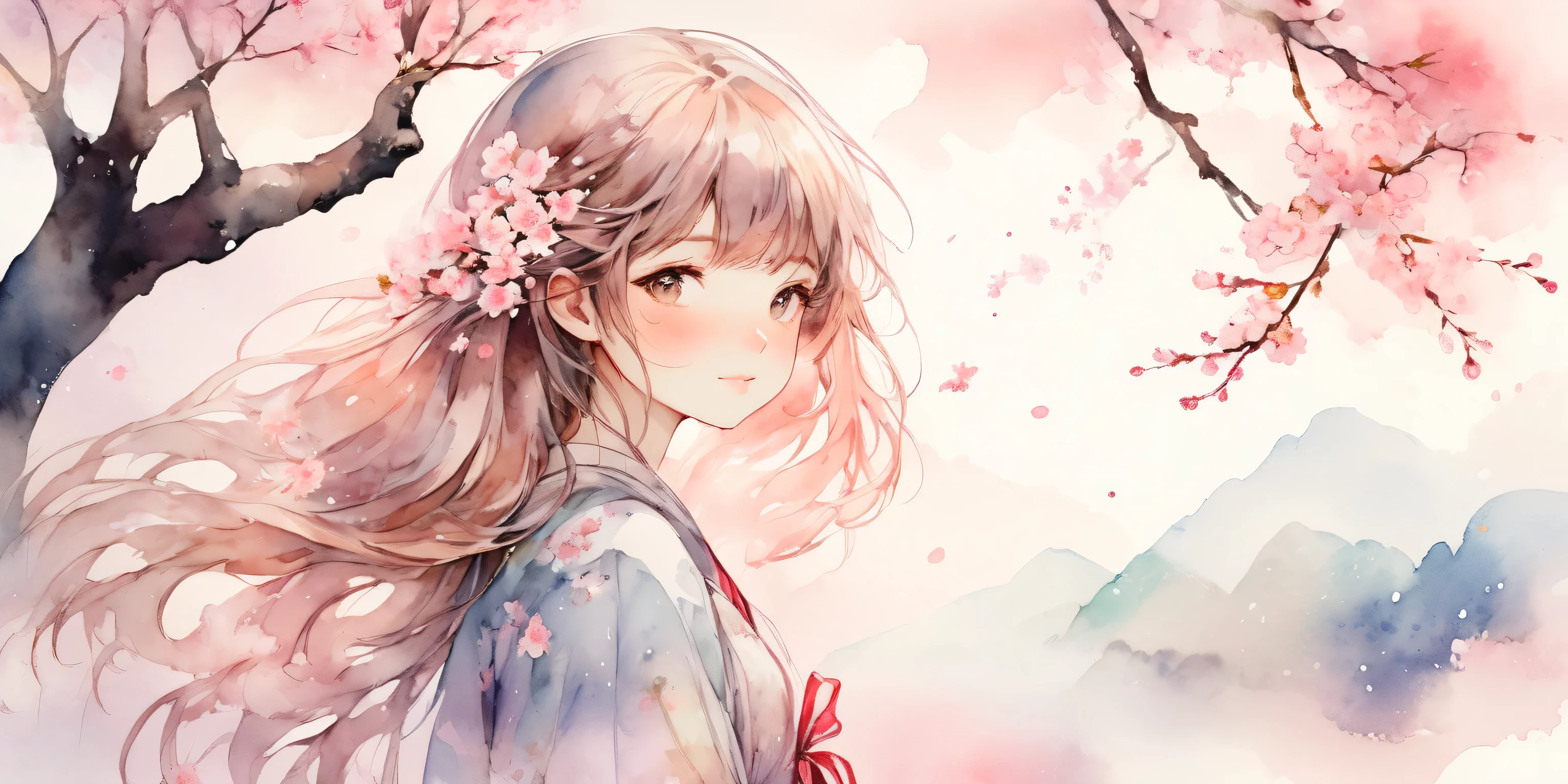 Absurd, High resolution, Super detailed, (One girl:1.3), Cute Blake
, Watercolor style, Soft Blending, Dreamy wash, Delicate texture,Cherry Blossom,bookmark