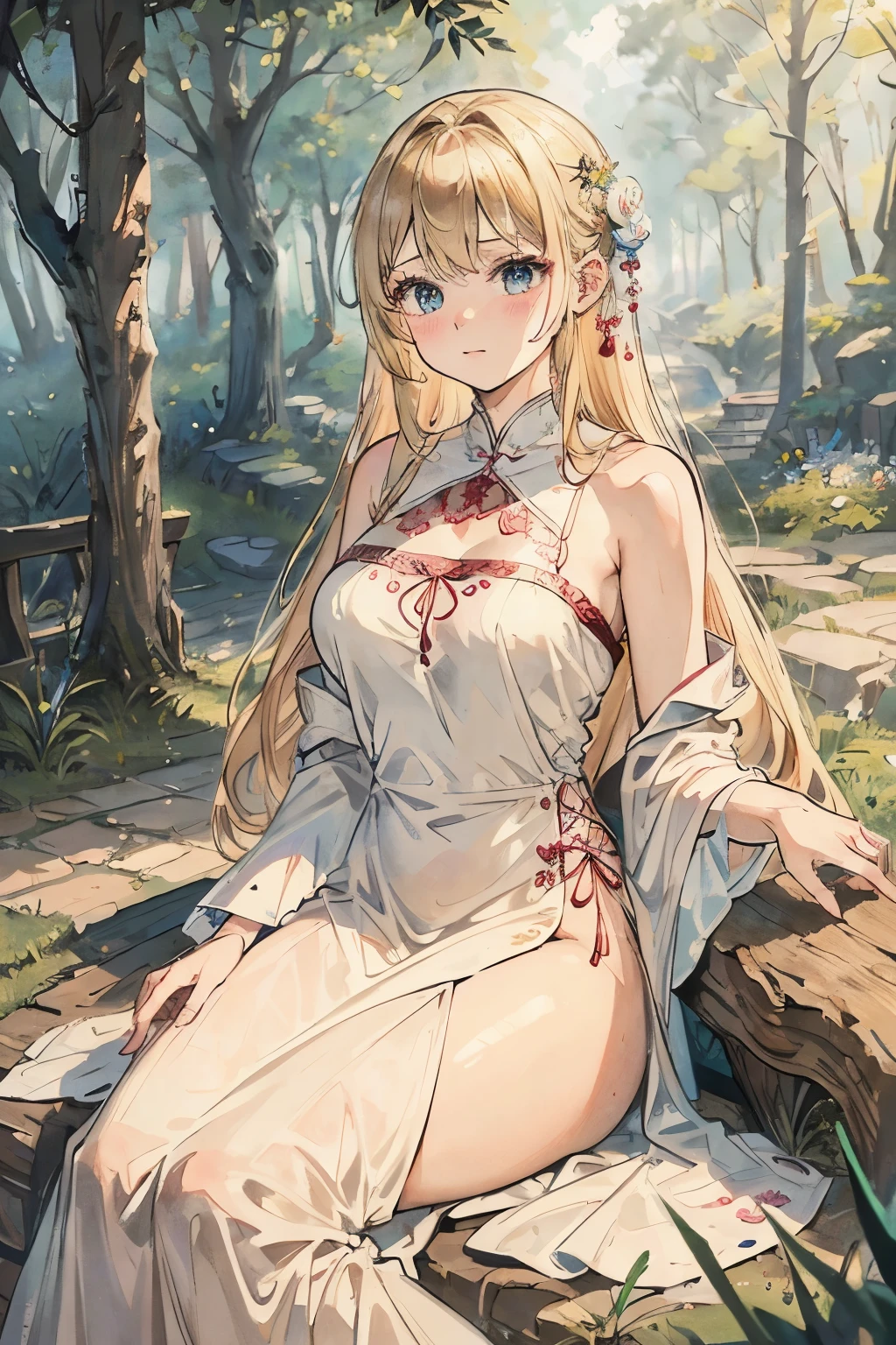 Highest quality、masterpiece、Two people、Blonde、Gazing at each other、Beauty Fair skin、Camisole dress、Blushing、Different world、in the forest