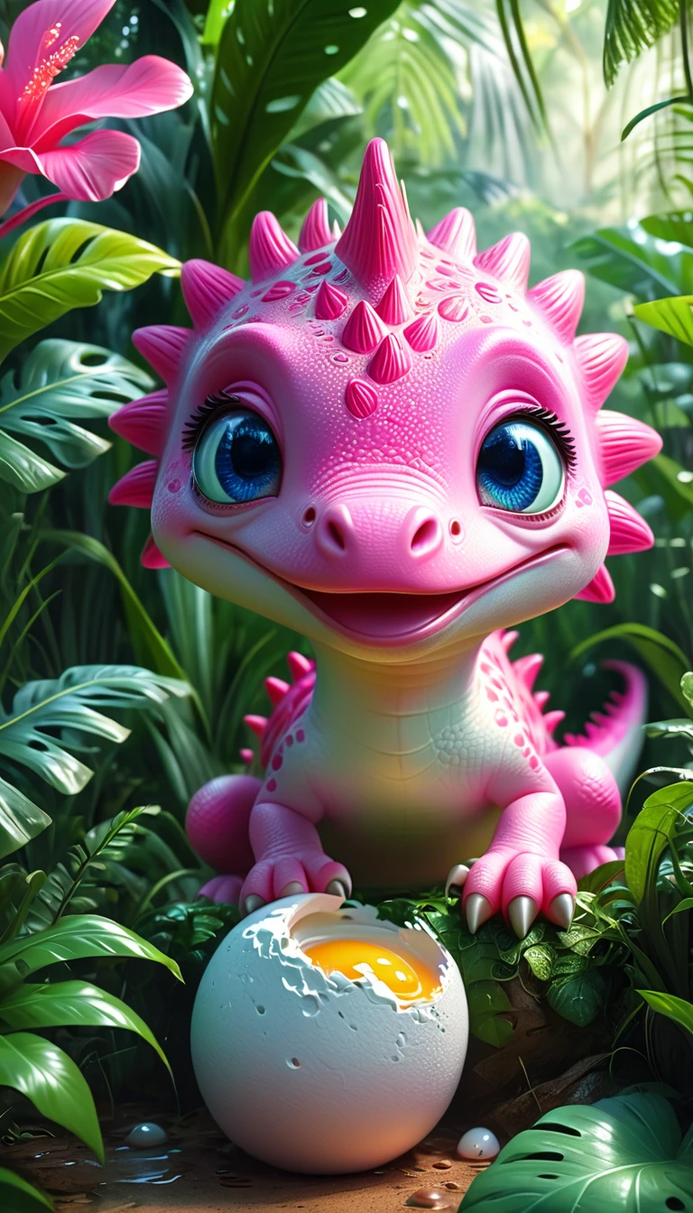 a cute pink dinosaur hatching from an egg, beautiful detailed eyes, beautiful detailed face, extremely detailed eyes and face, adorable expression, lush jungle background, dreamy, whimsical, watercolor, digital painting, (best quality,4k,8k,highres,masterpiece:1.2),ultra-detailed,(realistic,photorealistic,photo-realistic:1.37),vibrant colors,soft lighting
