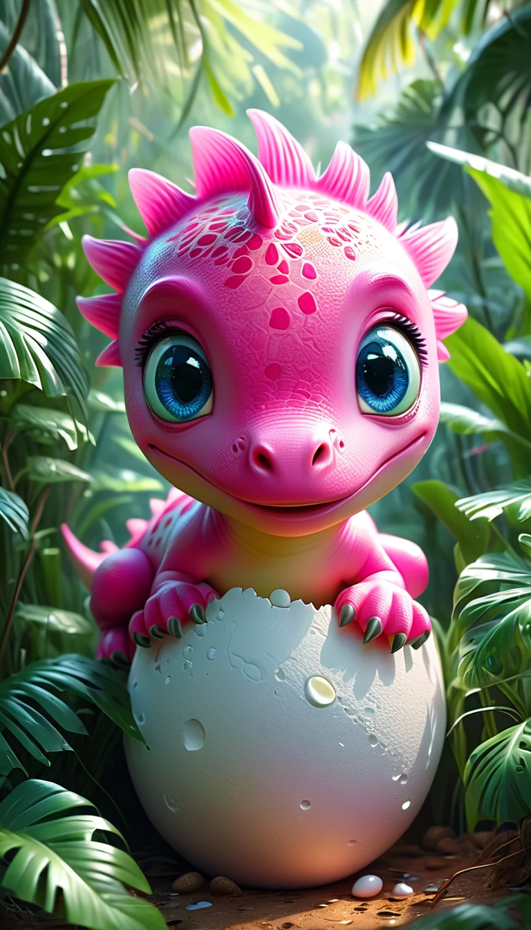 a cute pink dinosaur hatching from an egg, beautiful detailed eyes, beautiful detailed face, extremely detailed eyes and face, adorable expression, lush jungle background, dreamy, whimsical, watercolor, digital painting, (best quality,4k,8k,highres,masterpiece:1.2),ultra-detailed,(realistic,photorealistic,photo-realistic:1.37),vibrant colors,soft lighting