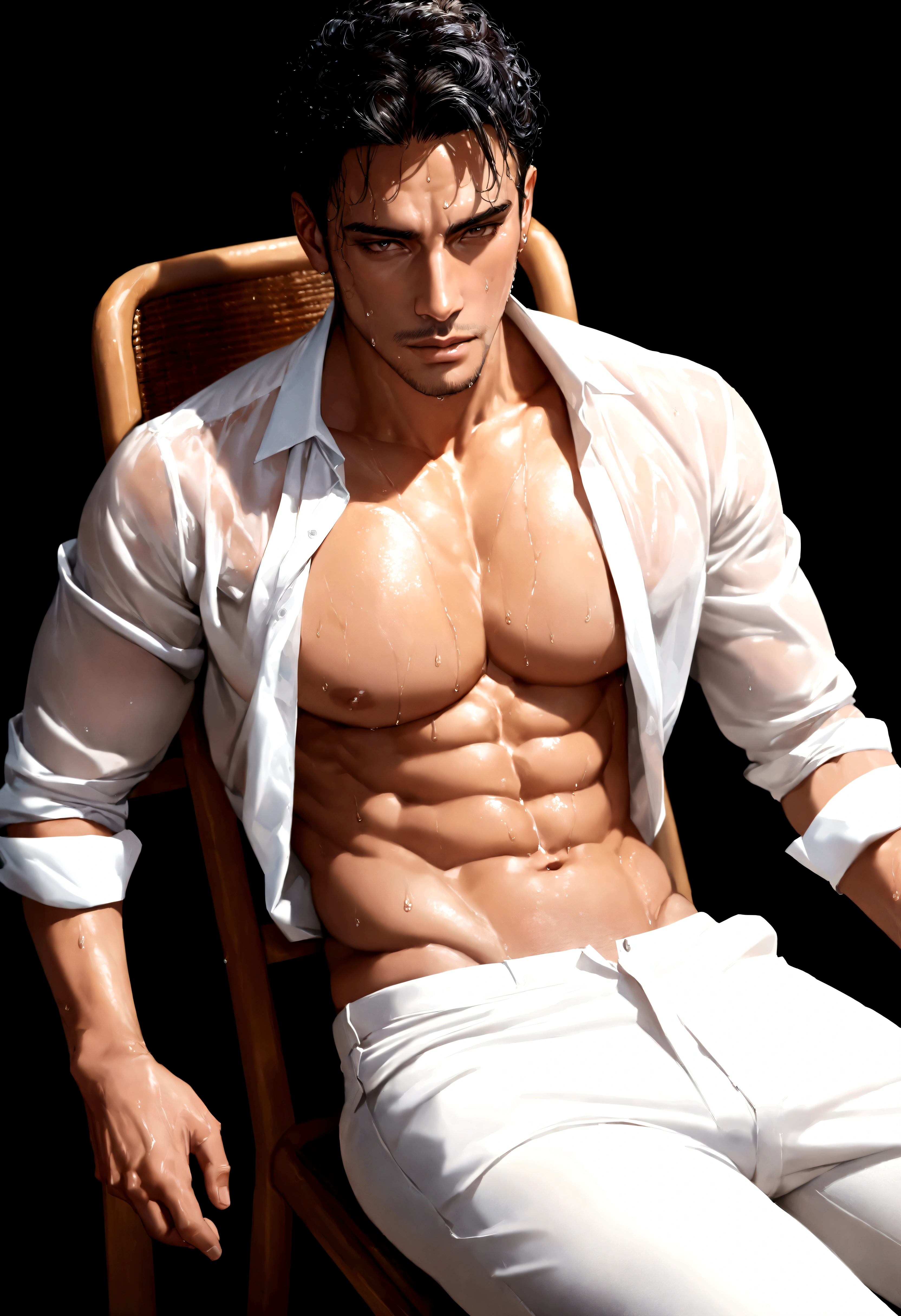 Wet Sexy man, male in a wet white shirt and tan pants sitting on a chair, big chest, anime handsome man, handsome anime pose, handsome guy, handsome stunning realistic, portrait of a handsome man, clothed in wet white shirt, sweat, (best quality)), ((masterpiece)), (detailed)
