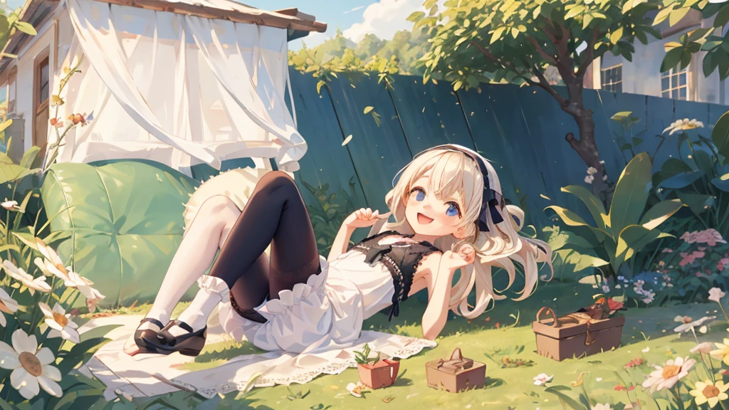 Highest quality, Ultra-detailed, Lolita Fashion, One Girl(8-year-old),Beautiful girl,Laughter, Arms crossed, Platinum Blonde Hair, At Moai Island,Flat Chest,Perfect limbs,The morning sun shines、pantyhose、Spread your legs、Bloomers with lace