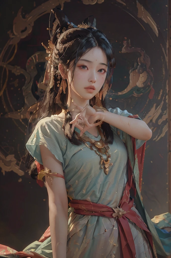 (RAW photo, best quality), (realistic, photo-realistic:1.3),best quality,highly detailed,masterpiece,ultra-detailed,illustration,1girl,upper_body,dynamic angle,world masterpiece theater,messy_long_hair,best quality,extremely detailed CG unity 8k wallpaper,ink,Amazing,cinematic lighting,lens_flare, dunhuang_style