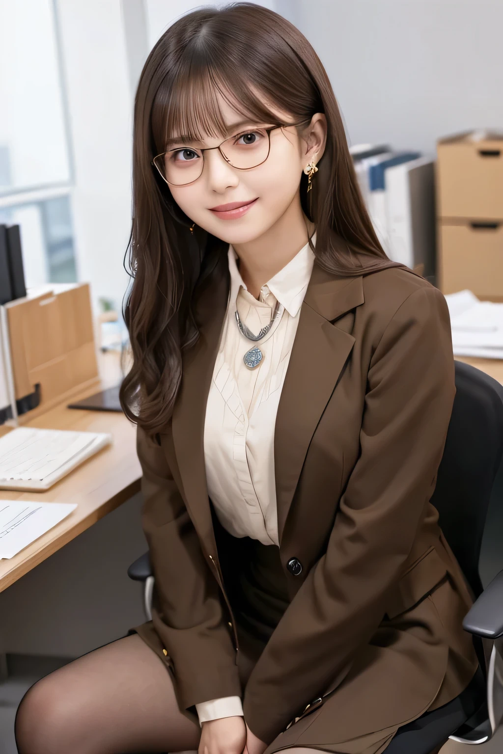 Beautiful young woman、 Sitting in an office chair and working、Brown Hair、Glasses、Necklace around the neck、Office Lady Suits、Jacket、Unbuttoned shirt、Knee-length skirt、tights、、Full body photo、smile、Beautiful teeth alignment、Wavy Hair、short hair、Intricate details, Very detailed:1.2), 、 Looking into the camera,The background is the office、Necklace around the neck、Dark eyeliner、ear piercing