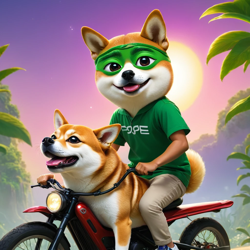 pepe the frog, riding a shiba inu dog, detailed intricate digital art, highly detailed, 4k, 8k, hyperrealistic, photorealistic, ultra-detailed, vibrant colors, dynamic lighting, dramatic shadows, lush environment, whimsical, surreal, fantasy, digital painting, colorful, imaginative, cinematic composition, masterpiece, ((pepe_frog))), 1 boy