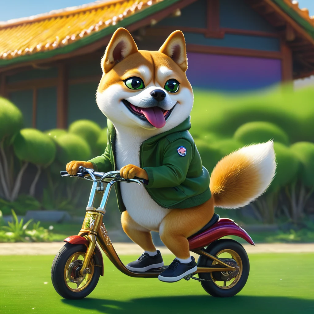 pepe the frog, riding a shiba inu dog, detailed intricate digital art, highly detailed, 4k, 8k, hyperrealistic, photorealistic, ultra-detailed, vibrant colors, dynamic lighting, dramatic shadows, lush environment, whimsical, surreal, fantasy, digital painting, colorful, imaginative, cinematic composition, masterpiece, ((pepe_frog))), 1 boy