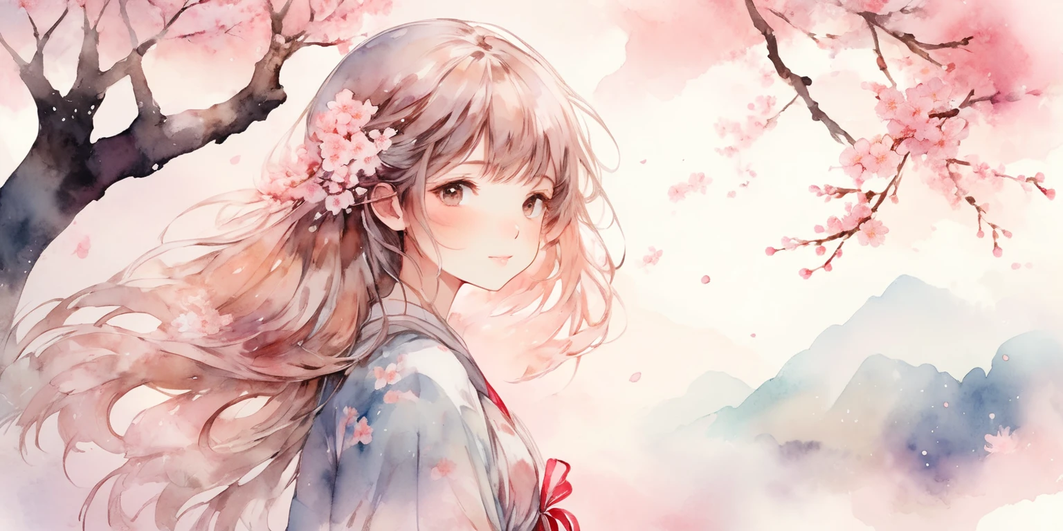 Absurd, High resolution, Super detailed, (One girl:1.3), Cute Blake
, Watercolor style, Soft Blending, Dreamy wash, Delicate texture,Cherry Blossom,bookmark,Japan,ephemeral