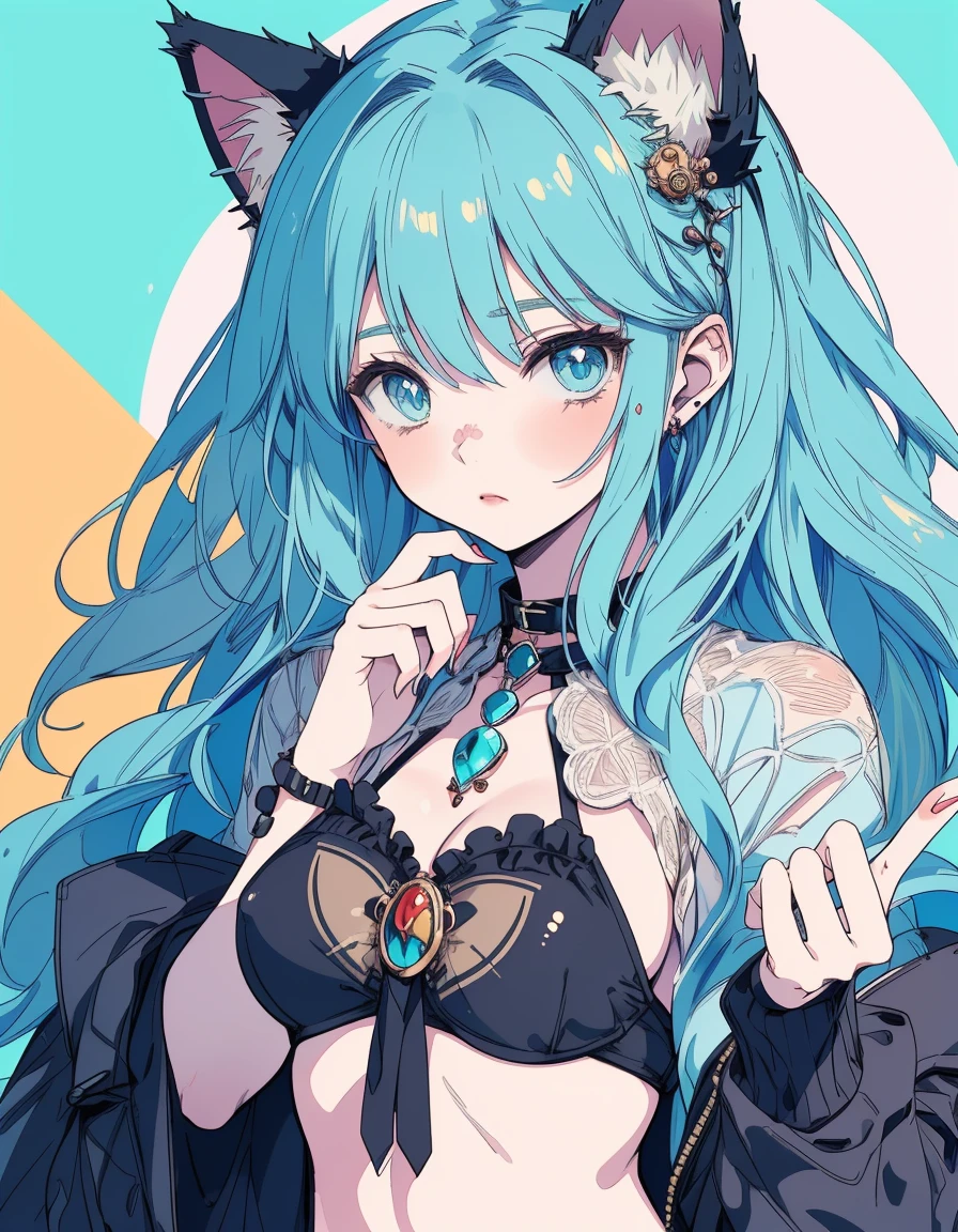 steam punk, ifrit, bikini, ((masterpiece, best quality:1.5)), ((Beautiful detailed cat aqua eyes:1.2)), cat ears, pale skin, medium breasts, beautiful hands, beautiful fingers, EasyNegative