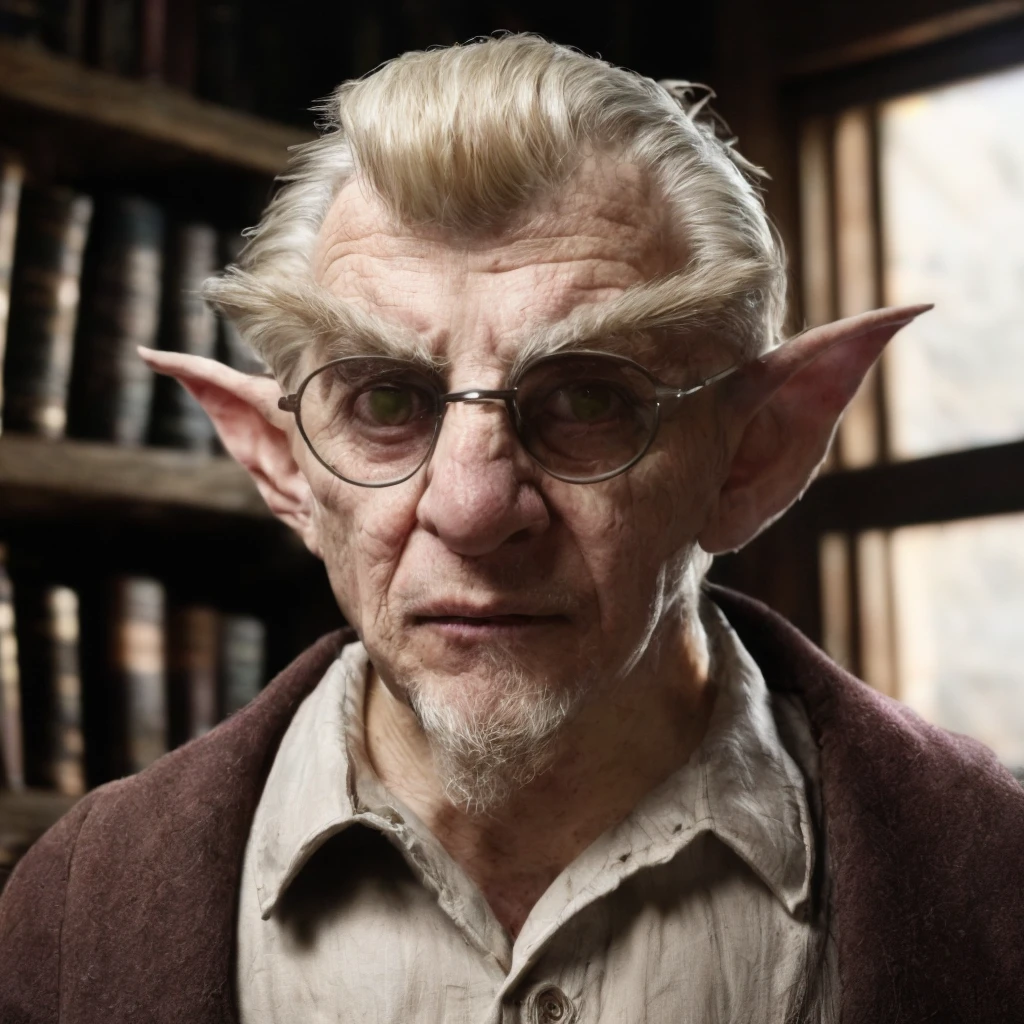 (masterpiece)+, (extremely (realistic)+,a portrait of an ugly mature male gnome librarian, wearing glasses, sand blond hair, child-like facial features, long brush linke brows, goat beard, pointy ears, small chin, big eyes, annoyed stare. Looking in camera. volumetrics dtx, Photorealistic, ultra detailed, Artstation trending, very very detailed, realistic shaded lighting, dynamic shadows, detailed Fantasy small town library background, upper body, professional photograph of a detailed skin, sharp focus, dramatic, award winning, cinematic lighting, octane render, unreal engine, volumetrics dtx, Photorealistic, ultra detailed, Artstation trending, very very detailed, hyperrealistic, fine details, realistic shaded lighting, dynamic shadows, Fantasy small town library background, add_detail:1, skin pores and wrinkles, details.,More Reasonable Details